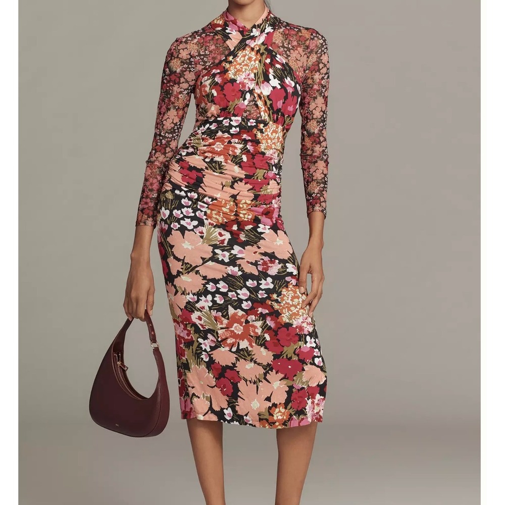 By Anthropologie Long-Sleeve Halter Mesh Midi Dress Women Small Floral